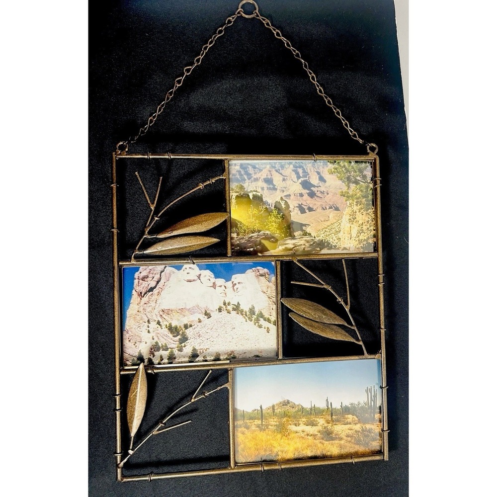 Hanging Three-Photo Pic Frame 4x6in Picture Holders Metal Leaves Bamboo